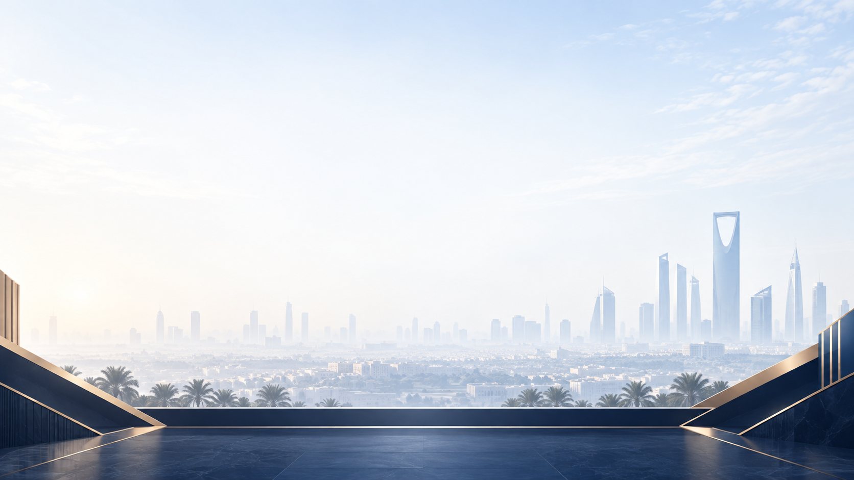 Riyadh's skyline and the Kingdom Centre in the morning haze, seen from a terrace
